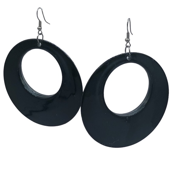 Vintage Dangle Hoop Earrings Dark Green Black Silver Lightweight Hook Pierced - Picture 1 of 5